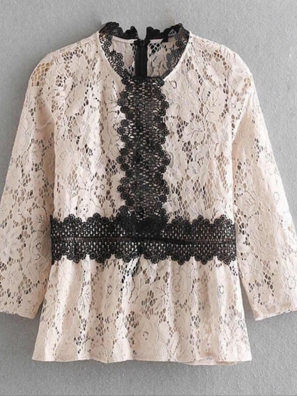 Zara Nude Black Lace High Neck 3/4 Sleeve Peplum Top Blouse Size Small